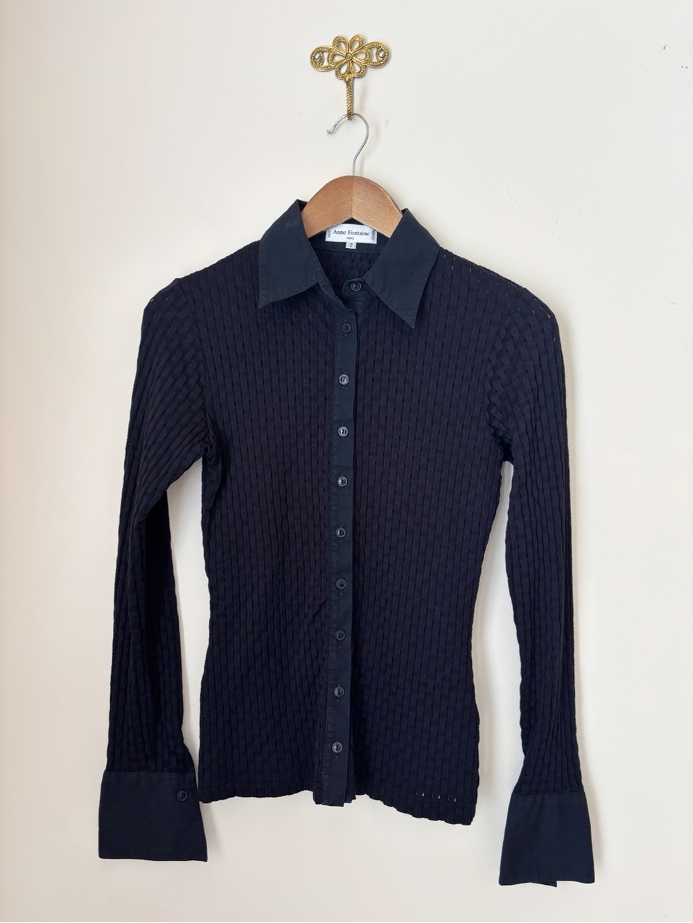 Anne Fontaine Black Pointelle Knit Button Up Top Sz 2 Quiet Luxury